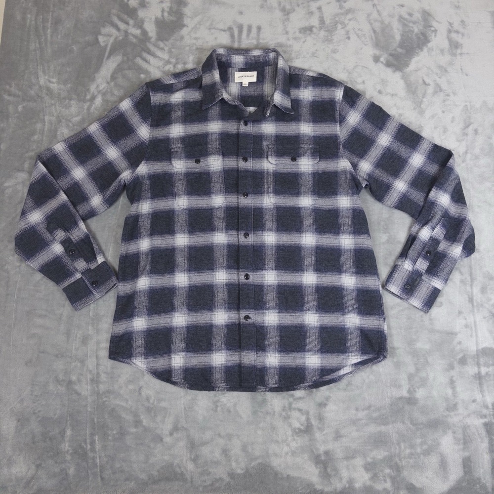 Lucky Brand Flannel Shirt Mens Large Blue White Plaid Long Sleeve Button Down